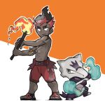  1boy abs alolan_marowak black_sandals blacknirrow blue_fire bone brown_hair closed_mouth dark-skinned_male dark_skin fire full_body grey_eyes holding holding_bone jewelry kiawe_(pokemon) male_focus multicolored_hair necklace orange_background outline pokemon pokemon_(creature) pokemon_sm red_hair red_shorts short_hair shorts smile standing toned toned_male topless_male two-tone_background two-tone_hair white_background white_outline 