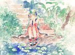  detached_sleeves flower green_eyes hair_flower hair_ornament hatsune_miku lily_pad long_hair rei_(456789io) sitting smile solo stairs traditional_media twintails very_long_hair vocaloid water watercolor_(medium) 