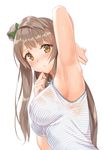  arm_up armpits blush breasts brown_eyes brown_hair covered_nipples hair_ribbon kichiroku large_breasts long_hair love_live! love_live!_school_idol_project minami_kotori one_side_up parted_lips ribbon simple_background solo striped sweat vertical_stripes white_background 