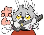  animal_ear_piercing bkub commentary double-parted_bangs ensemble_stars! fangs grey_hair guitar hair_between_eyes holding holding_guitar holding_instrument instrument motion_lines ogami_koga oogami_koga_(wolf) pawpads puff_of_air short_hair simple_background solo sweat v-shaped_eyebrows white_background wolf yellow_eyes 