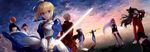  5girls archer artoria_pendragon_(all) bad_id bad_pixiv_id caster emiya_shirou excalibur fate/stay_night fate_(series) field gae_bolg glowing glowing_sword glowing_weapon lancer matou_sakura multiple_boys multiple_girls polearm rider saber shirako_miso sky spear toosaka_rin weapon 