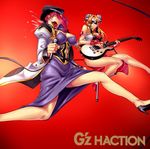  b'z band blonde_hair breasts cable china_dress chinese_clothes cleavage dress electric_guitar facial_mark forehead_mark forte_stollen galaxy_angel guitar hat high_heels instrument jumping large_breasts long_coat long_hair microphone military military_uniform multiple_girls music open_mouth peaked_cap pelvic_curtain puffy_sleeves purple_dress ranpha_franboise red_background red_hair sawao side_slit singing sunglasses uniform vest 