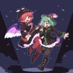  2girls ;d animal_ears bird_wings black_boots black_pantyhose black_shoes blush_stickers boots choujuu_gigaku commentary_request fang floating frilled_sleeves frills full_body green_eyes guitar hat holding holding_microphone instrument kasodani_kyouko knee_boots kumamoto_(bbtonhk2) long_sleeves microphone multiple_girls mystia_lorelei one_eye_closed open_mouth pantyhose pixel_art red_hair red_pantyhose shoes short_hair smile tail touhou winged_hat wings 
