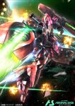  bandai beam_cannon char&#039;s_counterattack commentary_request energy energy_beam explosion exposed_internal_machinery glowing gundam gundam_arsenal_base igaraigara logo mecha mecha_focus neo_zeon no_humans robot sazabi_(msn-04ff) science_fiction space title 