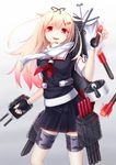  dabadhi gloves hair_flaps hair_ornament hair_ribbon hairclip highres kantai_collection long_hair red_eyes remodel_(kantai_collection) ribbon scarf school_uniform serafuku smile solo torpedo turret yuudachi_(kantai_collection) 