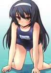  all_fours black_hair brown_eyes girls_und_panzer hairband highres long_hair one-piece_swimsuit reizei_mako school_swimsuit shinshin solo swimsuit 