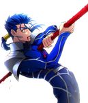  backlighting blood blood_in_mouth blue_hair earrings fate/stay_night fate_(series) highres impaled jewelry lancer long_hair male_focus mayuki_(ubiquitous) ponytail red_eyes solo spoilers suicide 