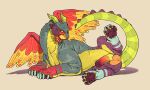 alebrije animal_genitalia animal_penis anthro balls biceps bovid bovine butt canid canine canis claws domestic_cat domestic_dog erection feet felid feline felis genitals hi_res hybrid looking_at_viewer male mammal medial_ring multicolored_body muscular nude open_mouth penis presenting raised_leg roamingthrough solo wings