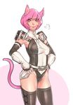  animal_ears black_legwear boots breasts cat_ears cat_tail cowboy_shot elbow_gloves faulds final_fantasy final_fantasy_xi gloves hands_on_hips highres john_doe large_breasts leotard lips md5_mismatch mithra nose pauldrons pink_eyes pink_hair resized short_hair smile solo tail thigh_boots thighhighs unaligned_breasts upscaled vambraces 