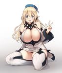  atago_(kantai_collection) bare_shoulders blonde_hair blush breasts cleavage cosplay detached_sleeves dress garter_straps green_eyes hat high_heels highres huge_breasts kantai_collection long_hair looking_at_viewer open_mouth pas_(paxiti) ribbed_dress ribbed_legwear seaport_water_oni seaport_water_oni_(cosplay) short_dress smile solo thighhighs v white_dress white_legwear zettai_ryouiki 