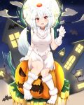  1girl animal_collar animal_ear_fluff animal_ears animal_hands backlighting bat_(animal) breasts brown_collar brown_eyes building claw_pose cloud collar commentary_request crossed_bangs double-parted_bangs fake_claws fang full_moon fur-trimmed_gloves fur-trimmed_socks fur_trim gloves hair_between_eyes halloween hat inubashiri_momiji jack-o&#039;-lantern knees_together_feet_apart large_breasts light_blush looking_at_viewer moon night night_sky open_mouth paw_gloves paw_socks plant pom_pom_(clothes) red_hat rururiaru shirt short_hair silk sitting skin_fang skirt sky sleeveless sleeveless_shirt socks solo spider_web tail tokin_hat torn_clothes touhou vines white_gloves white_hair white_shirt white_skirt white_socks window wolf_ears wolf_girl wolf_tail 