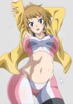  1girl arms_up bike_shorts blue_eyes blush breasts brown_hair commentary_request gundam gundam_build_fighters gundam_build_fighters_try hoshino_fumina jacket large_breasts medium_hair midriff navel open_clothes ponytail safety_kaijo solo sports_bra stomach stretching sweat two-tone_sports_bra 
