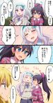  ahoge bangs blue_eyes closed_eyes comic earrings emphasis_lines ganaha_hibiki green_eyes hair_between_eyes hairband hands_on_own_face hiiringu hoop_earrings hoshii_miki idolmaster idolmaster_(classic) jewelry long_hair multiple_girls open_mouth ponytail profile purple_eyes shijou_takane silver_hair smile sweatdrop translated yuri 