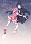  akemi_homura armband barefoot black_hair closed_eyes dress funeral_dress gloves hairband kaname_madoka long_hair looking_at_another magical_girl mahou_shoujo_madoka_magica mahou_shoujo_madoka_magica_movie momoko_(palemon) multiple_girls pink_hair short_twintails smile twintails wings 