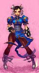  1girl black_hair boots bun_cover chinese_clothes chun-li double_buns earrings eyeshadow full_body hector_enrique_sevilla_lujan jewelry looking_at_viewer makeup mole mole_under_mouth pantyhose pink_background puffy_sleeves solo spiked_bracelet street_fighter thick_thighs toned 
