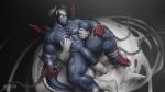 2024 2_horns abs anthro arms_restrained artist_logo beard biceps black_facial_hair black_nose black_stripes blue_body blue_fur canid canine chain claws cuff_(restraint) demon duo elbow_spike facial_hair facial_scar finger_claws foot_cuffs fur genitals glans goo_creature hair handcuffed handcuffs hi_res horn logo male male/male mammal metal_cuffs muscular muscular_anthro muscular_legs muscular_male nipple_fetish nipple_pinch nipple_play nude pecs penis pinch red_stripes restrained_legs restraints scar slime snout snout_scar striped_body striped_fur striped_horn stripes tail_mane takahirosi text toe_claws umbrafang_(takahirosi) url watermark white_body white_hair wings