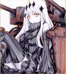  aircraft_carrier_water_oni armor armored_boots bad_id bad_pixiv_id bare_shoulders black_dress black_legwear boots breasts cannon crossed_legs detached_sleeves dress hair_ornament iroha_(nullpo) kantai_collection knee_boots large_breasts long_hair mecha_musume orange_eyes ribbed_dress sailor_dress shikishi shinkaisei-kan short_dress sitting solo thighhighs traditional_media turret white_hair white_skin zettai_ryouiki 