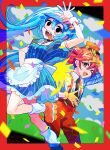  2girls apron arm_up black_eyes blue_dress blue_hair blurry blurry_foreground border confetti dress drill_hair frilled_apron frills gloves hat hatsune_miku highres kasane_teto leg_warmers long_hair mesmerizer_(vocaloid) mini_hat multiple_girls pants pinstripe_dress pinstripe_pattern red_border red_hair red_pants roller_skates sepyu sharp_teeth skates teeth tongue tongue_out twin_drills twintails utau visor_cap vocaloid watermark white_leg_warmers white_wrist_cuffs wrist_cuffs yellow_gloves 
