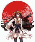  ahoge boots brown_hair detached_sleeves hand_on_hip kantai_collection kongou_(kantai_collection) long_hair mitsuki_hana nontraditional_miko skirt smile solo thigh_boots thighhighs turret 