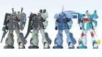  3d beam_rifle cable char&#039;s_counterattack color_variation commentary_request energy_gun ewac_zack gassan_(7nan8ku) gradient_background gun gundam gundam_zz highres hizack hizack_custom hobby_hizack lineup machine_gun machinery mecha mecha_focus mobile_suit neo_zeon no_humans radio_antenna radome realistic robot science_fiction shield shoulder_spikes spikes titans_(gundam) variations weapon zeta_gundam 