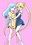  1girl absurdres bangs bare_legs bishoujo_senshi_sailor_moon blonde_hair blue_eyes blue_hair bottomless casual commentary_request double_bun dress earrings embarrassed fish_eye_(sailor_moon) hair_bobbles hair_ornament highres hug jewelry long_hair low-tied_long_hair mini_(minimilk) otoko_no_ko parted_bangs pink_background pointy_ears short_dress simple_background socks tsukino_usagi twintails very_long_hair white_legwear 