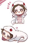  1girl :p absurdres animal_costume blush bright_pupils brown_eyes brown_hair chibi chibi_only commentary_request costume highres izu_lemon kuchinawa looking_at_viewer monogatari_(series) multiple_views nademonogatari no_nose open_mouth parted_bangs sengoku_nadeko short_hair simple_background snake snake_costume tongue tongue_out white_background white_pupils 