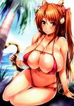  absurdres animal_ears bangle bikini blush bracelet braid breasts brown_eyes brown_hair covered_nipples goban hair_ornament hair_ribbon highres huge_breasts jewelry long_hair red_bikini ribbon scan sitting smile solo swimsuit tail tiger_ears tiger_tail toranoana two_side_up water yokozuwari 