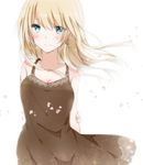  aqua_eyes backlighting bad_id bad_pixiv_id blonde_hair blush brown_dress dress earrings hiro_(hirohiro31) jewelry long_hair original petals smile solo 