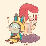  animal_ears artist_name bespectacled borrowed_garments bunny_ears chiyoko_(oman1229) closed_eyes eyewear_switch glasses helmet misora_inaho nose_bubble one_eye_closed open_mouth red_hair short_hair simple_background sleeping spacesuit usapyon watch wristwatch youkai youkai_watch youkai_watch_(object) youkai_watch_3 