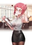  1girl absurdres alternate_costume alternate_hairstyle armpit_crease armpits bespectacled black-framed_eyewear black_pantyhose black_skirt blurry blurry_background blush breasts clipboard closed_mouth collared_shirt cowboy_shot depth_of_field english_commentary flying_sweatdrops girls_und_panzer glasses hair_up hand_on_own_head highres holding holding_board holding_clipboard id_card indoors large_breasts light_frown looking_to_the_side miniskirt mizzterbii office_lady orange_eyes pantyhose pencil_skirt pink_hair ponytail rosehip_(girls_und_panzer) round_eyewear shirt short_hair signature skirt sleeveless sleeveless_shirt solo squiggle standing watch white_shirt wristwatch 