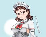  annoyed artist_name blush breasts brown_eyes brown_hair capelet glasses headdress kantai_collection large_breasts looking_at_viewer nam_(valckiry) pince-nez roma_(kantai_collection) short_hair signature solo sweatdrop upper_body 