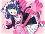  ;d animal_ears bell blue_hair bow bowtie cat_ears cat_tail curly_hair cyan_(show_by_rock!!) fang green_eyes guitar headdress heart heart_guitar instrument looking_at_viewer one_eye_closed open_mouth plectrum short_hair show_by_rock!! smile solo strawberry_heart striped striped_legwear tail wara_(warapro) 