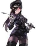  aoin borrowed_character breasts brown_hair eyepatch hat highres lips long_hair medium_breasts military military_hat military_uniform nazi necktie original pink_eyes riding_crop skirt solo swastika thighhighs thighs uniform 