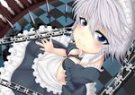  absurdres apron arm_rest bad_id bad_pixiv_id between_fingers blue_eyes breasts chain checkered checkered_floor cleavage frilled_skirt frills from_above highres izanagi_k_(twilight_crow) izayoi_sakuya knife looking_at_viewer maid_headdress necktie shadow short_hair short_sleeves silver_hair skirt smile solo touhou waist_apron 