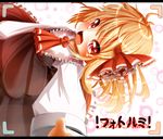  :d absurdres blonde_hair blurry depth_of_field fangs foreshortening frilled_skirt frills hair_ribbon highres mitsubasa_miu open_mouth red_eyes ribbon rumia shirt skirt smile solo touhou vest viewfinder 