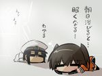  1girl admiral_(kantai_collection) black_hair blush_stickers chibi commentary goma_(gomasamune) hat kantai_collection light light_rays lying on_stomach peaked_cap sendai_(kantai_collection) short_hair sketch translated twintails 