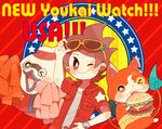  &gt;_o amano_keita brown_hair cat cheerleader chiyoko_(oman1229) english fangs food ghost hamburger haramaki jacket jibanyan multiple_tails notched_ear one_eye_closed open_clothes open_jacket open_mouth pom_poms purple_lips short_hair smile star sunglasses tail two_tails watch whisper_(youkai_watch) wristwatch youkai youkai_watch youkai_watch_3 