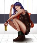  bangs bare_arms bare_shoulders beer_can blue_eyes blue_hair breasts brown_dress can caviar_(lunar_sama) dress from_side highres holding holding_can katsuragi_misato large_breasts lips lipstick long_hair long_legs makeup neon_genesis_evangelion parted_bangs parted_lips purple_hair short_dress solo thighs tile_floor tile_wall tiles yebisu 