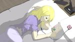  blonde_hair digital_media_player earphones expressionless floor futon highres lamp long_hair lying maribel_hearn night_clothes on_side pillow playing_with_own_hair purple_shirt reading shirt short_sleeves solo thighs touhou translation_request wa_we_tata_ki wooden_floor 