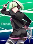  absurdres ass from_behind green_eyes green_hair headphones highres light_green_hair maduzu phonon_(under_night_in-birth) skirt solo striped striped_legwear thighhighs under_night_in-birth under_night_in-birth_exe:late[st] whip 