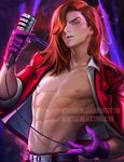  abs banned_artist blue_eyes cowboy_shot genderswap genderswap_(ftm) gloves hair_over_one_eye jacket jessica_rabbit long_hair looking_at_viewer male_focus microphone navel nipples open_clothes open_jacket parted_lips purple_gloves red_hair sakimichan solo toned toned_male watermark web_address who_framed_roger_rabbit 