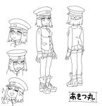 akitsu_maru_(kantai_collection) breasts cosmic_bear expressions full_body gloves greyscale hat kantai_collection long_sleeves medium_breasts microskirt military military_uniform monochrome multiple_views peaked_cap pleated_skirt shoes short_hair simple_background skirt sneakers thighhighs translated turnaround uniform white_background zettai_ryouiki 