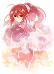  brown_hair chogi dress leaning_forward little_busters! long_hair natsume_rin pantyhose ponytail red_eyes smile solo 