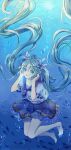  1girl aqua_hair barefoot beamed_eighth_notes blue_eyes blue_sailor_collar blue_skirt bubble buji chinese_commentary commentary_request dated eighth_note fish glowing glowing_musical_note hair_between_eyes hair_ribbon hatsune_miku highres knees_together_feet_apart long_hair looking_at_viewer musical_note musical_note_necklace musical_staff musical_staff_print open_mouth quarter_note ribbon sailor_collar sharp_sign shirt short_sleeves skirt solo treble_clef twintails underwater very_long_hair vocaloid water white_shirt 