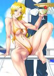  1girl absurdres areola_slip areolae arikawa bare_shoulders barefoot blonde_hair blue_eyes breasts butler cameltoe cocktail drink erect_nipples feet gloves highres large_breasts legs long_hair looking_at_viewer martial_champion navel pubic_hair racheal sitting sky smile solo_focus spread_legs standing swimsuit thighs 
