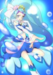  blue_background blue_eyes blue_hair cure_mermaid earrings go!_princess_precure jewelry kaidou_minami long_hair looking_at_viewer magical_girl midriff multicolored_hair navel ponytail precure purple_hair smile solo tsukikage_oyama two-tone_hair very_long_hair 