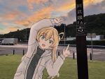  1girl abukuma_(kancolle) abukuma_(lawson)_(kancolle) black_sweater blonde_hair blue_sky cloud day grey_jacket highres hood hooded_jacket hooded_sweater jacket kantai_collection name_connection object_namesake outdoors photo_background pointing road sanyochu_(r909sun) sign sky sweater 