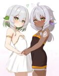  2girls :| ahoge alternate_costume alternate_hair_length alternate_hairstyle bare_shoulders blush breasts closed_mouth collarbone commentary cosplay dark-skinned_female dark_skin dress english_commentary flat_chest from_side genshin_impact gold_trim gradient_hair green_eyes green_hair hair_between_eyes hair_ornament highres iansan_(genshin_impact) leaf_hair_ornament long_hair looking_at_viewer mockingeu multicolored_hair multiple_girls nahida_(genshin_impact) pointy_ears rukkhadevata_(genshin_impact) rukkhadevata_(genshin_impact)_(cosplay) short_hair small_breasts smile star-shaped_pupils star_(symbol) strapless strapless_dress symbol-shaped_pupils white_background white_dress white_hair 