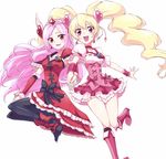  :d black_bow black_legwear blonde_hair boots bow choker cure_passion cure_peach fresh_precure! heart higashi_setsuna holding_hands long_hair looking_at_viewer magical_girl momozono_love multiple_girls open_mouth pantyhose pink_bow pink_choker pink_eyes pink_hair precure simple_background skirt smile sumiosmith twintails white_background white_choker 