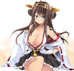  bad_id bad_pixiv_id bare_shoulders blue_eyes blush breasts brown_hair cleavage collarbone double_bun headgear kantai_collection kongou_(kantai_collection) large_breasts long_hair looking_at_viewer nontraditional_miko parted_lips ribbon-trimmed_sleeves ribbon_trim solo yostxxx 
